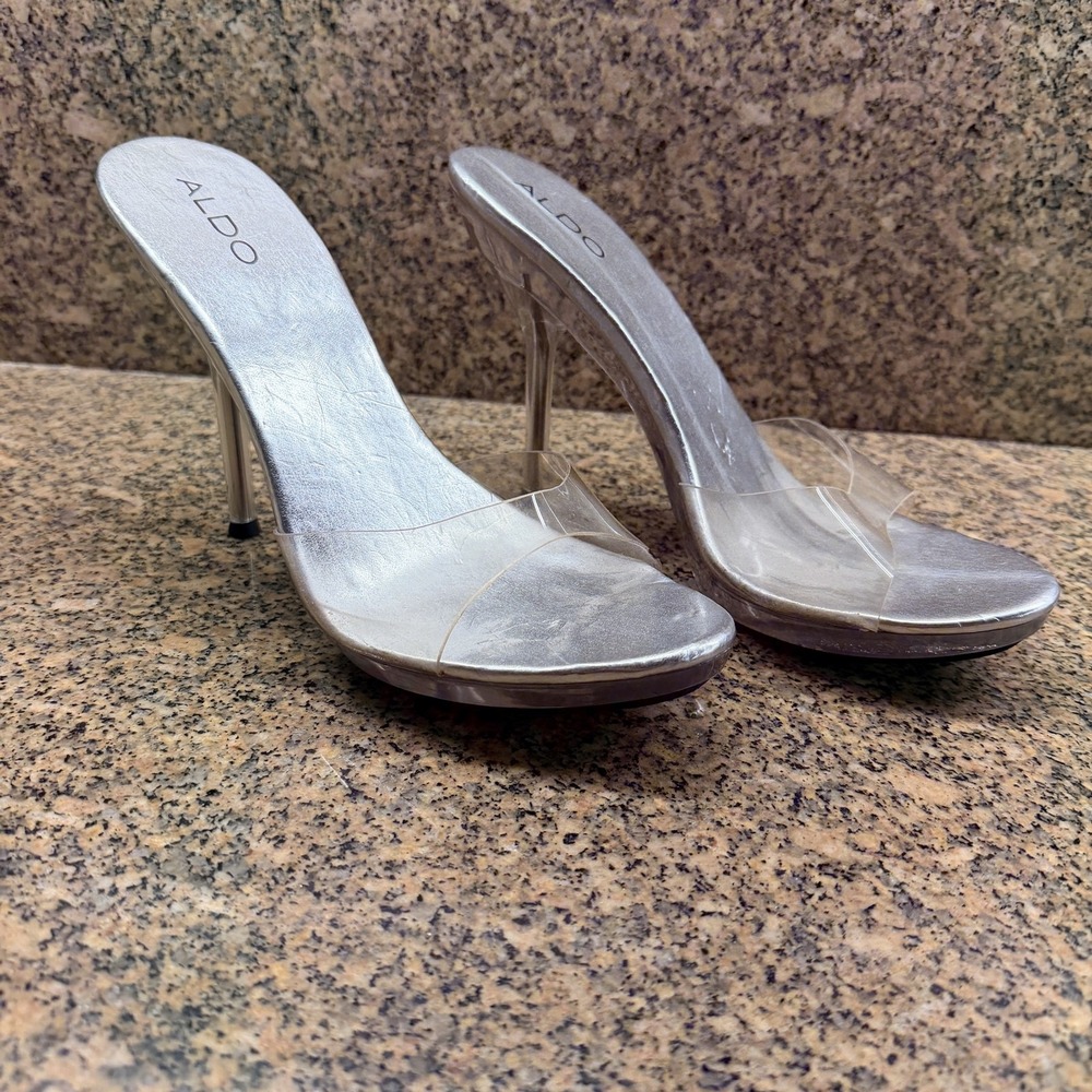 Aldo Shoes Womens Size 8.5 Silver Clear Strap Mule Open Toe Stiletto Heel Party